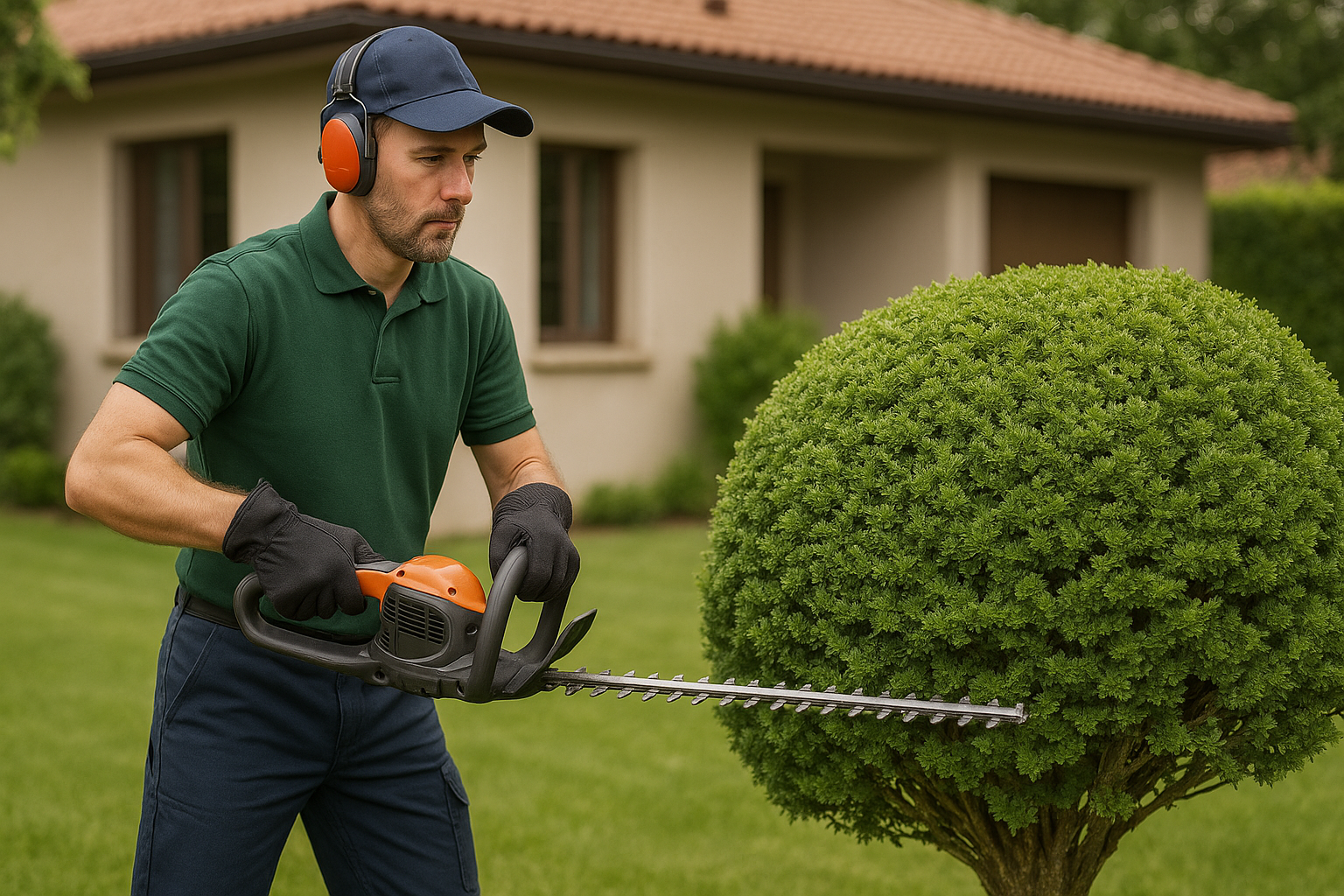 Jardinero recortando arbusto en casa